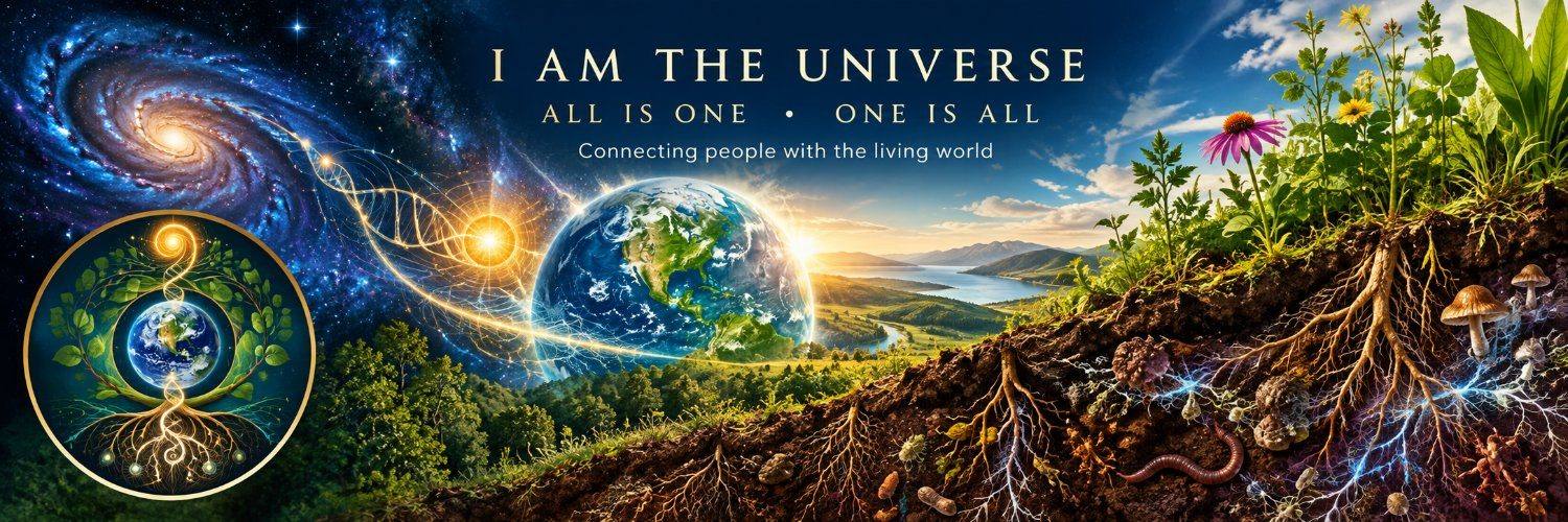 I Am the Universe: all is one, one is all. Connecting people with the living world. A spiral galaxy, the Earth and a cross-section of living soil with roots, mushrooms and a worm.