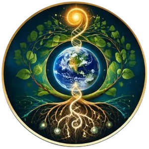 I Am the Universe emblem: the Earth held within a tree with roots and a golden spiral